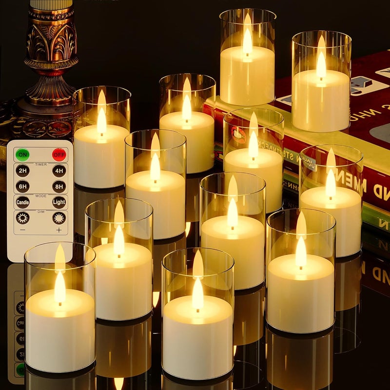 VIODAIM 12Pack Flickering Flameless LED Candles with Remote & Timer, Battery Powered - Small Pillar & Votive, Clear (2"X3") - Image 1